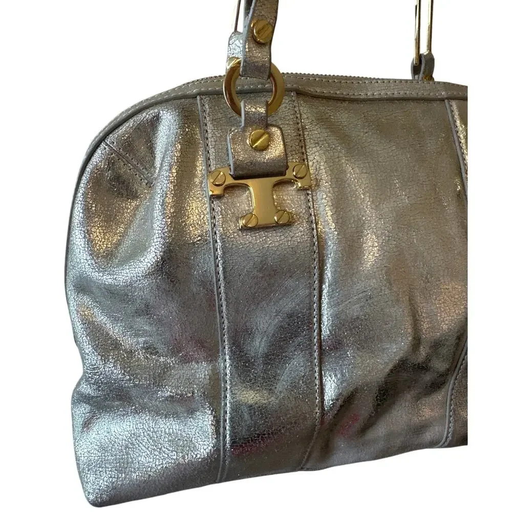 Tory Burch Nico Metallic East West Tote Silver‎ Distressed Leather